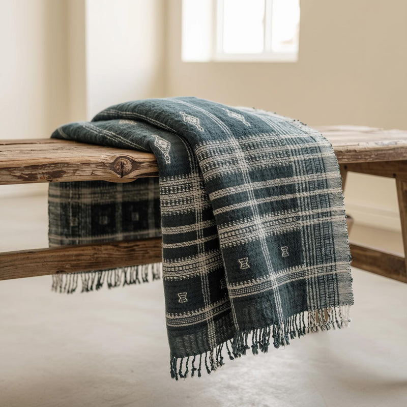 Onyx charcoal black handwoven Indian wool throw blanket