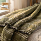 Garnet olive green striped handwoven Indian wool throw blanket – view 3