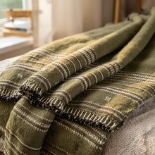 Garnet olive green striped handwoven Indian wool throw blanket – view 3