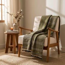 Garnet olive green striped handwoven Indian wool throw blanket – view 5
