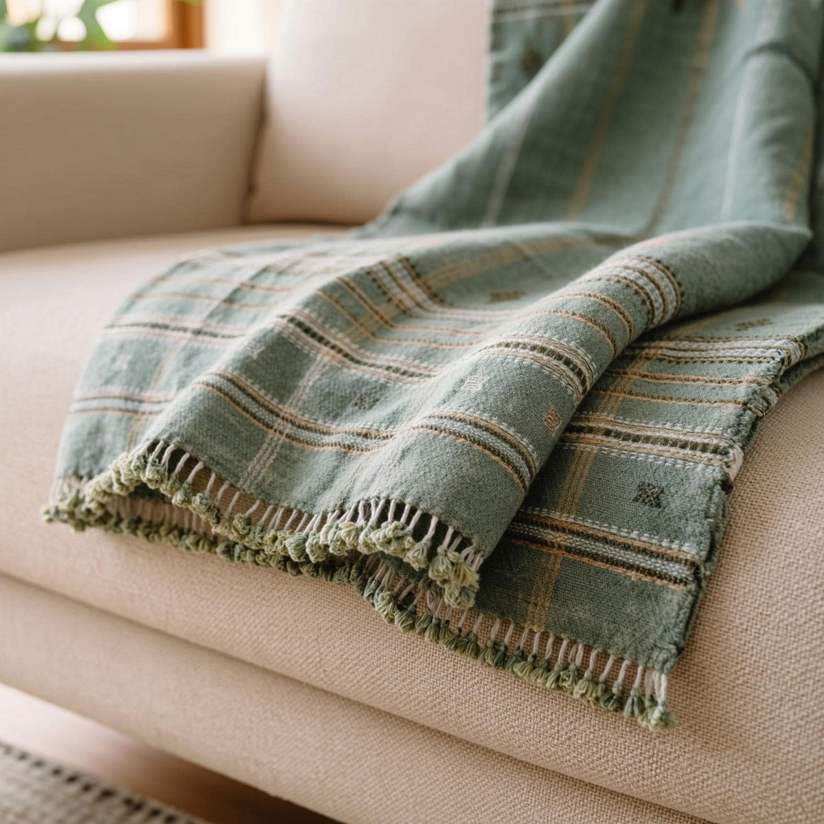 Jade sage green handwoven Indian wool throw blanket – view 3
