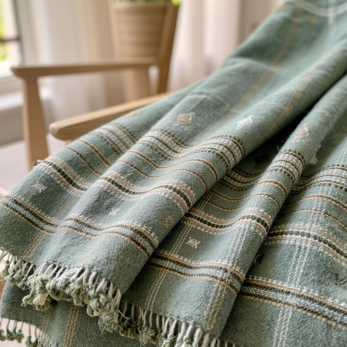 Jade sage green handwoven Indian wool throw blanket – view 8