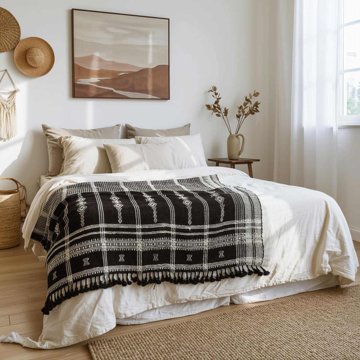 Citrine black and white handwoven Indian wool throw blanket – view 6
