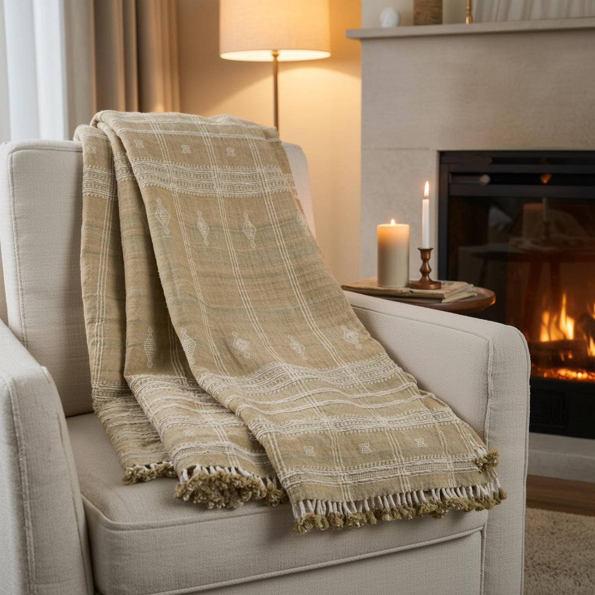 Jasper tan beige handwoven Indian wool throw blanket – view 6