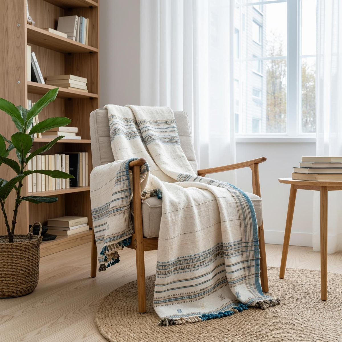 Daisy ivory handwoven Indian wool throw blanket – view 7