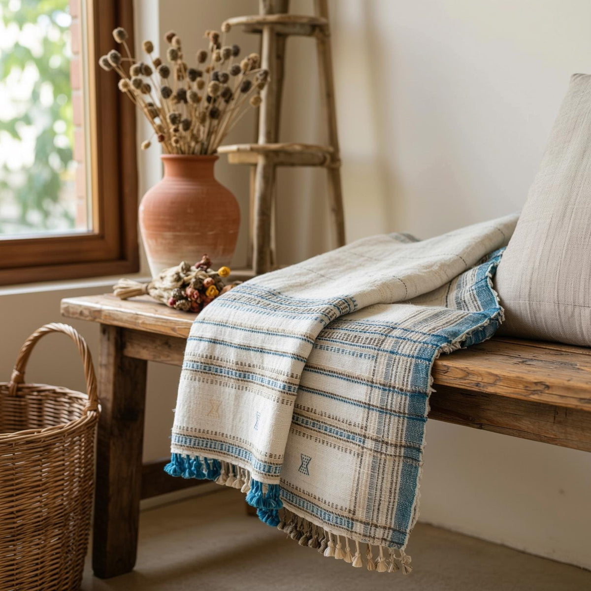 Daisy ivory handwoven Indian wool throw blanket – view 8