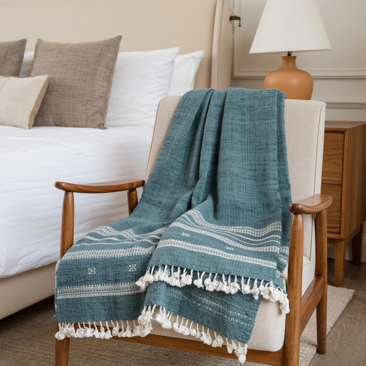 Neelam vibrant teal handwoven Indian wool throw blanket – view 6