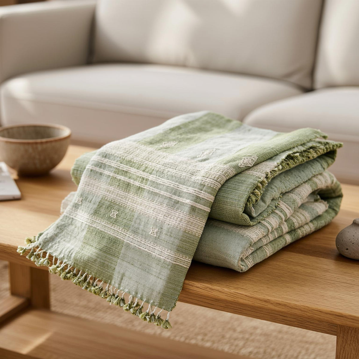 Willow sage green handwoven Indian wool throw blanket – view 5