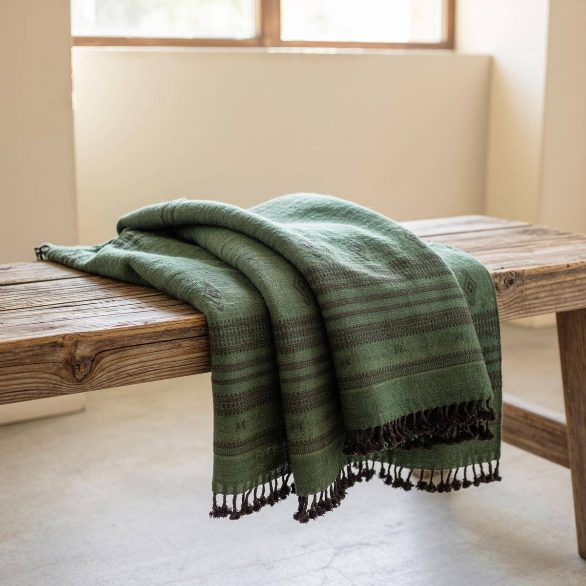 Basil deep green handwoven Indian wool throw blanket – view 3