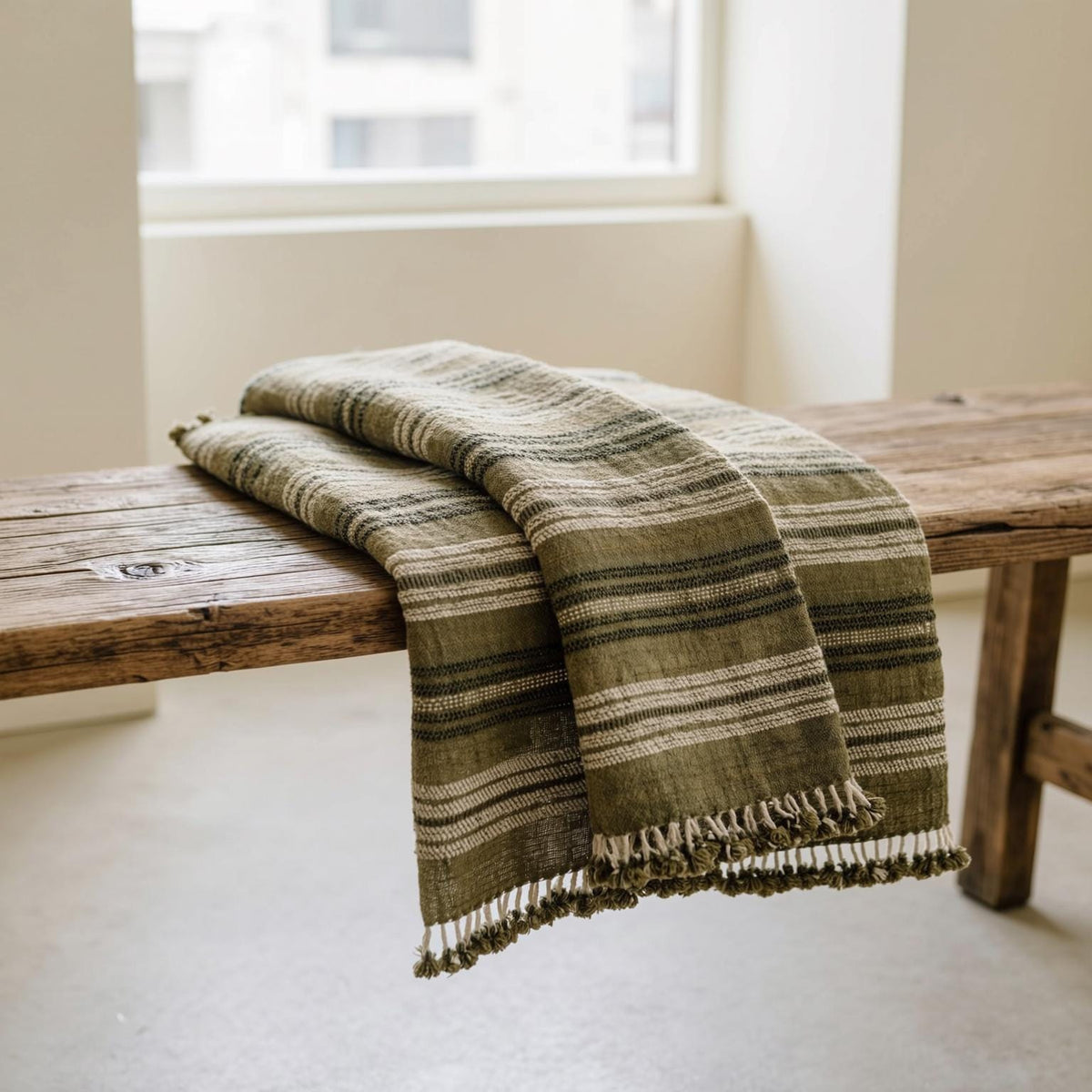 Moss olive striped handwoven Indian wool throw blanket