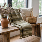 Moss olive striped handwoven Indian wool throw blanket – view 6