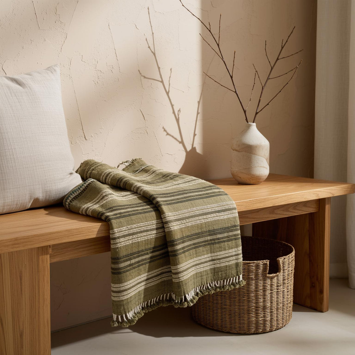 Moss olive striped handwoven Indian wool throw blanket – view 9