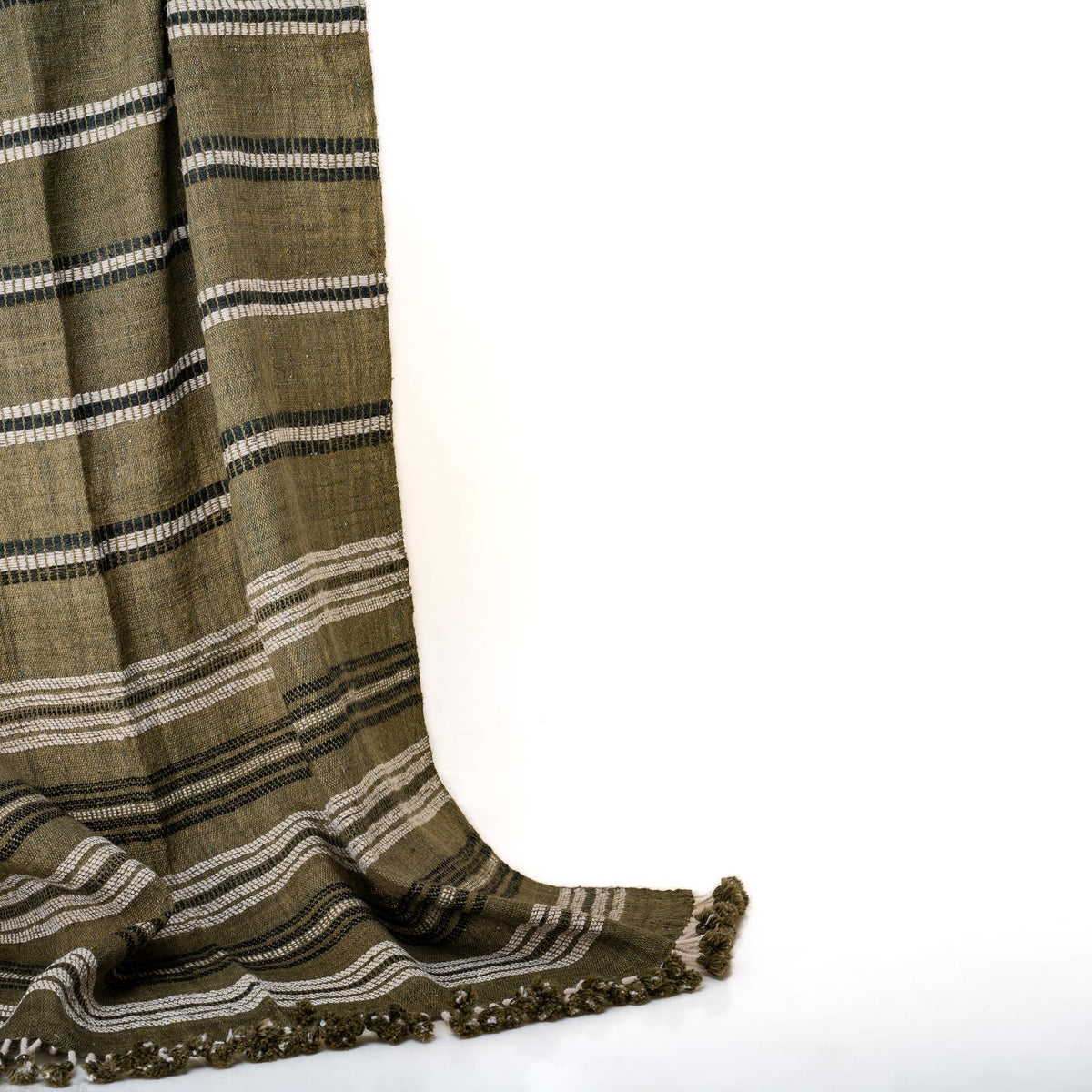 Moss olive striped handwoven Indian wool throw blanket – view 14