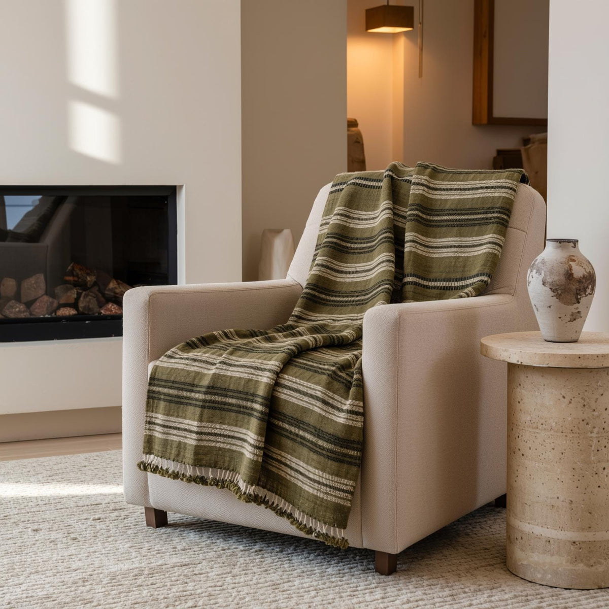 Moss olive striped handwoven Indian wool throw blanket – view 15