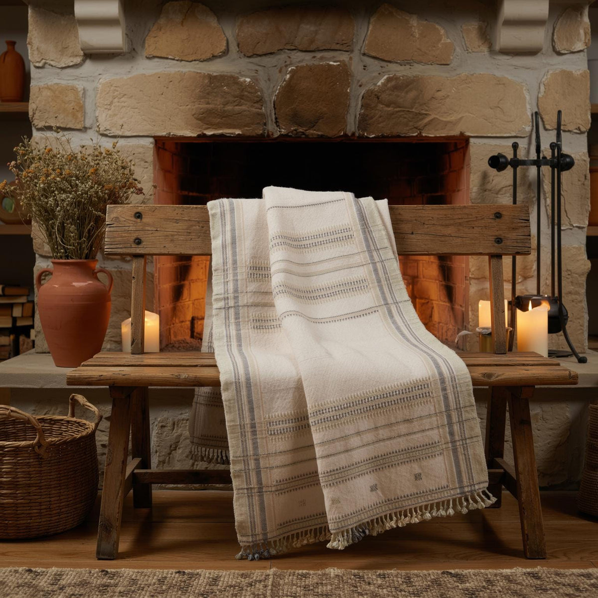 Alabaster off white handwoven Indian wool throw blanket