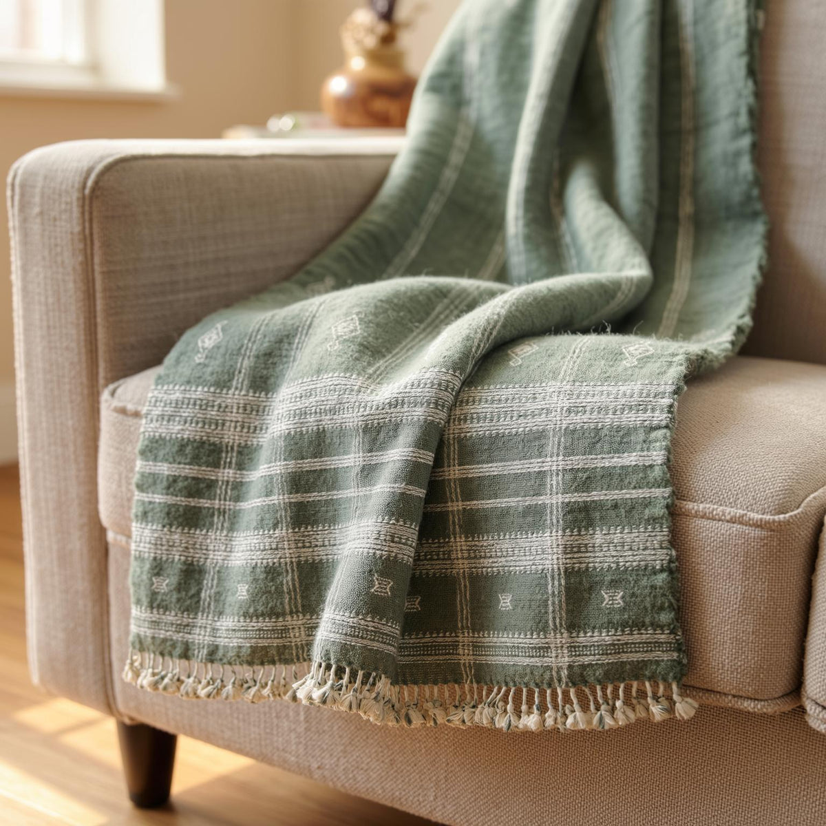Emerald soft green handwoven Indian wool throw blanket – view 5