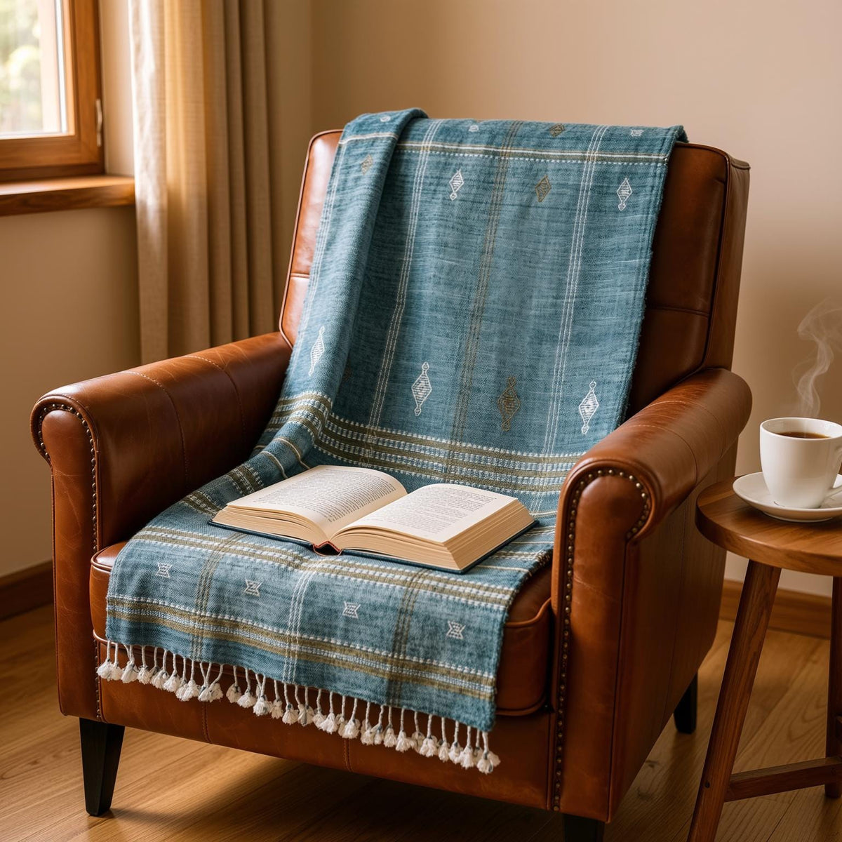 Lapis teal blue handwoven Indian wool throw blanket – view 4