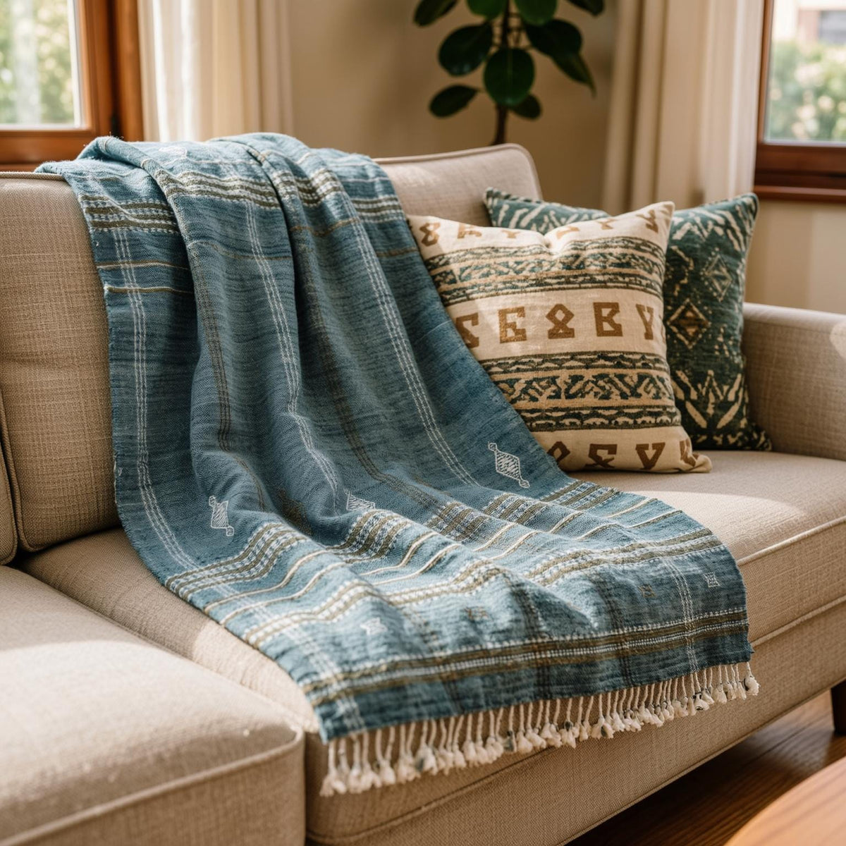 Lapis teal blue handwoven Indian wool throw blanket – view 5