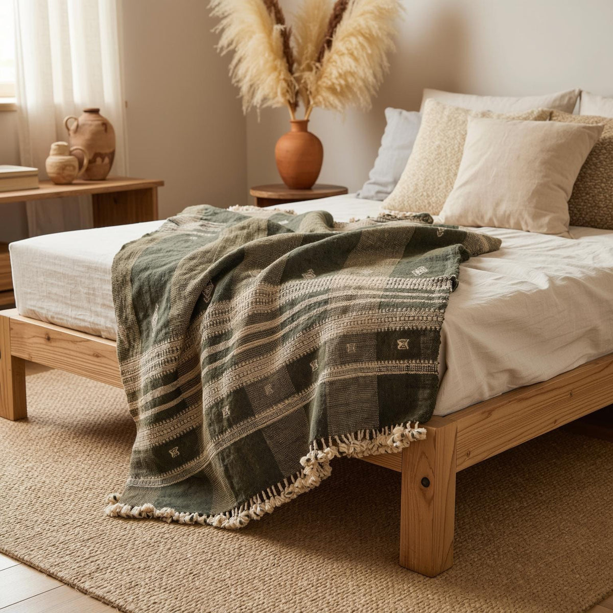 Zaraa olive brown handwoven Indian wool throw blanket – view 7