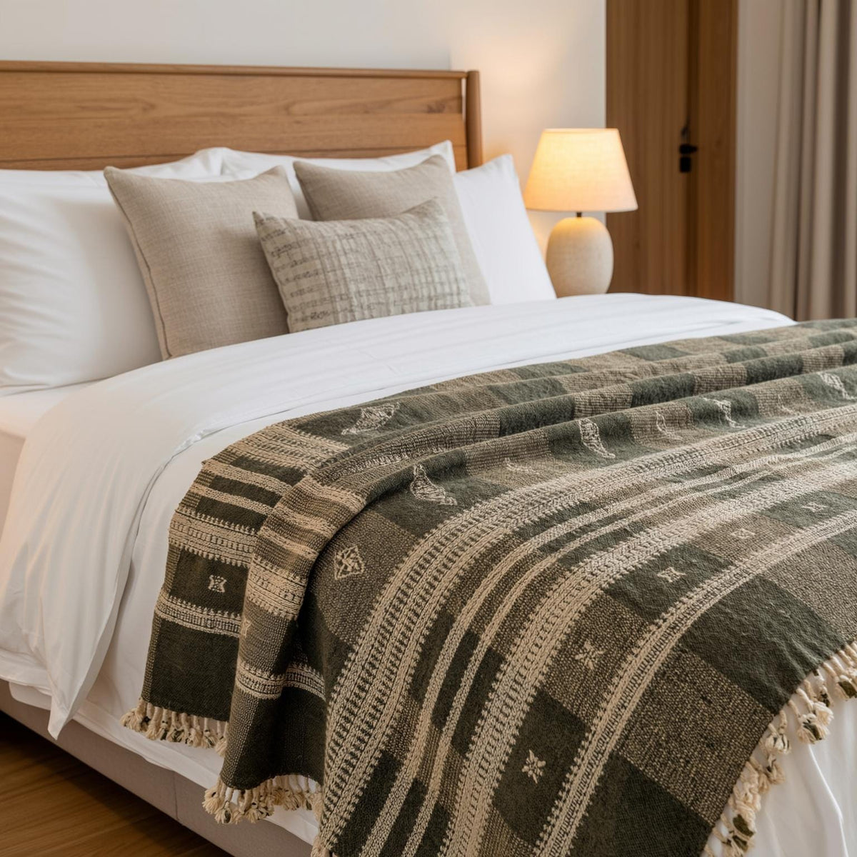 Zaraa olive brown handwoven Indian wool throw blanket – view 3