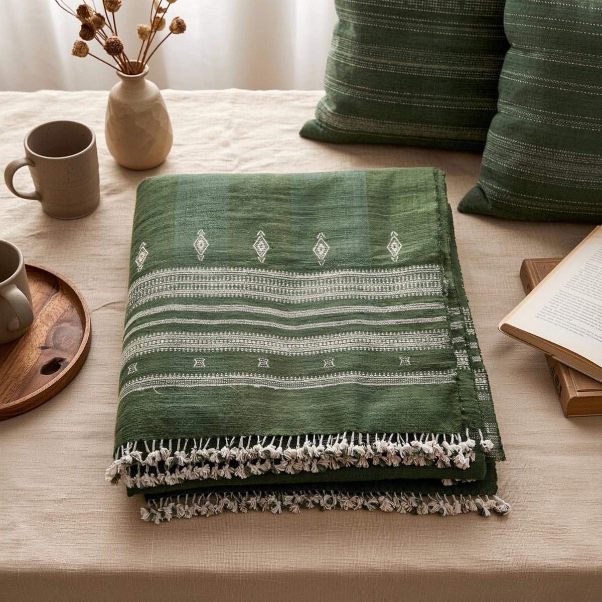 Erica forest green handwoven Indian wool throw blanket – view 4