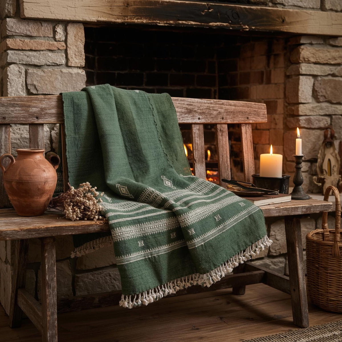 Erica forest green handwoven Indian wool throw blanket – view 5