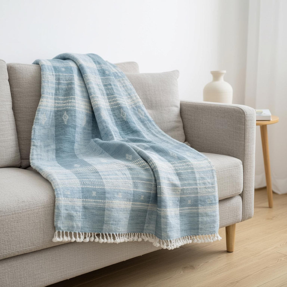 Iris teal blue handwoven Indian wool throw blanket – view 5
