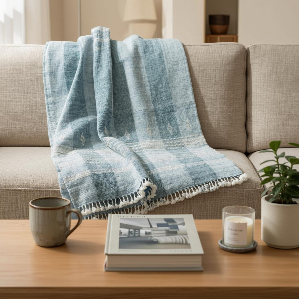 Iris teal blue handwoven Indian wool throw blanket