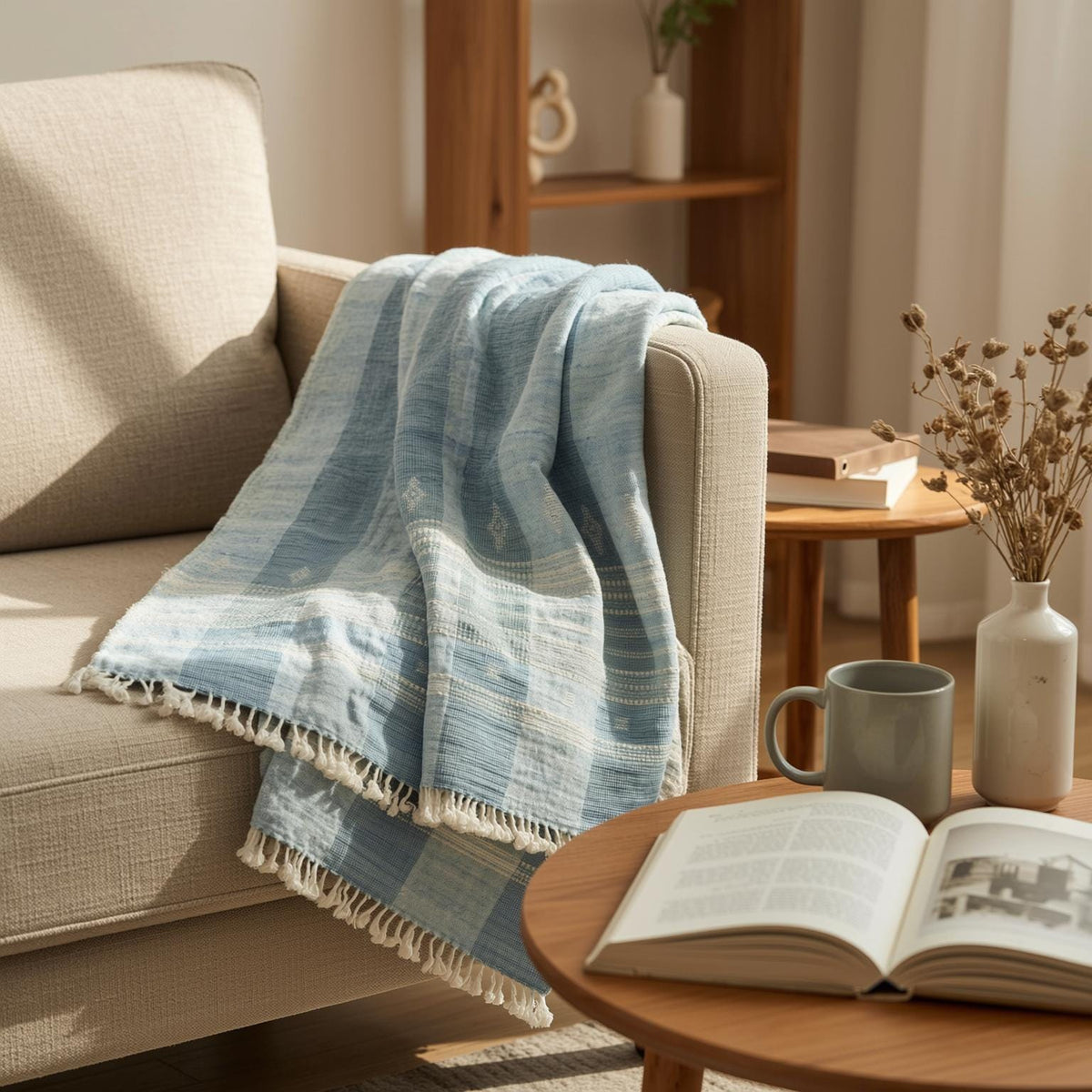 Iris teal blue handwoven Indian wool throw blanket – view 8