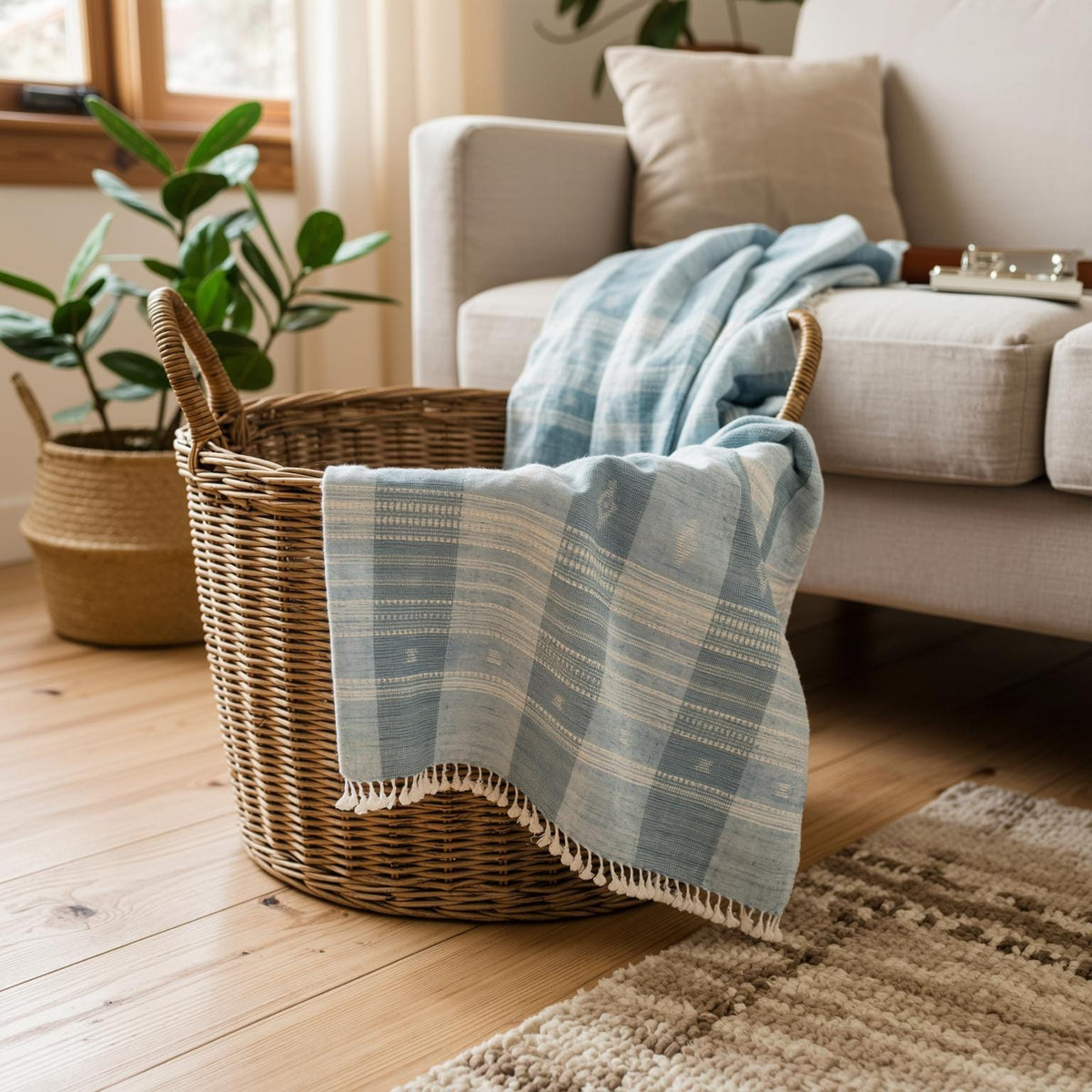 Iris teal blue handwoven Indian wool throw blanket – view 9
