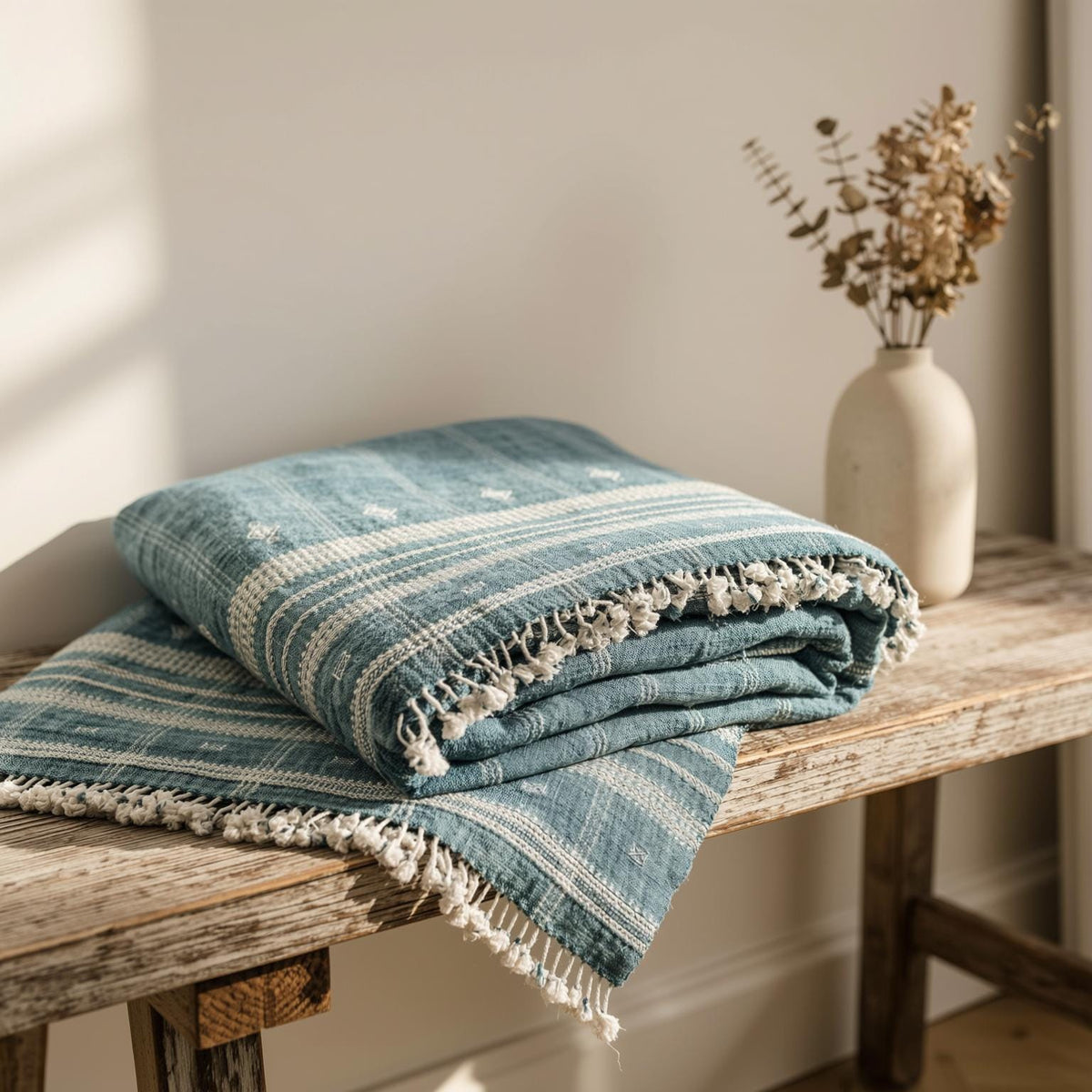 Topaz teal blue handwoven Indian wool throw blanket – view 5
