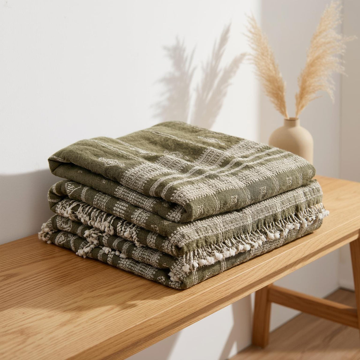 Oliver olive green handwoven Indian wool throw blanket – view 9