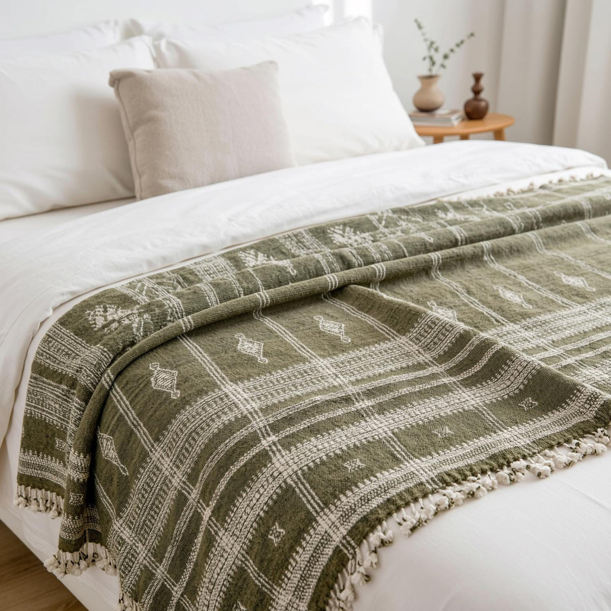 Oliver olive green handwoven Indian wool throw blanket – view 2