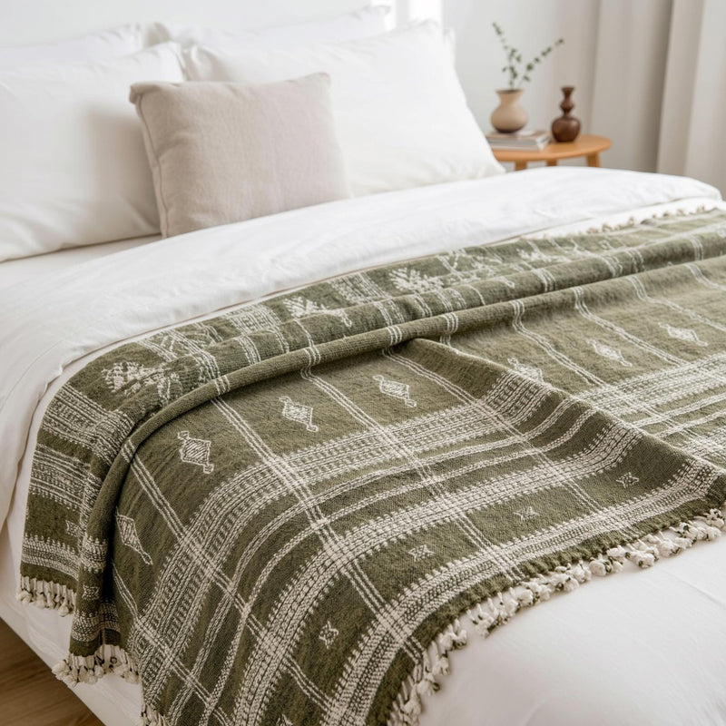 Oliver olive green handwoven Indian wool throw blanket – view 2