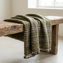 Garnet olive green striped handwoven Indian wool throw blanket