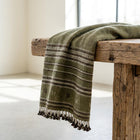 Garnet olive green striped handwoven Indian wool throw blanket – view 16