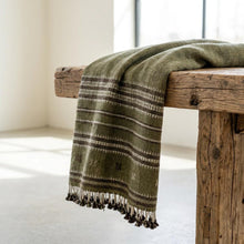 Garnet olive green striped handwoven Indian wool throw blanket – view 16