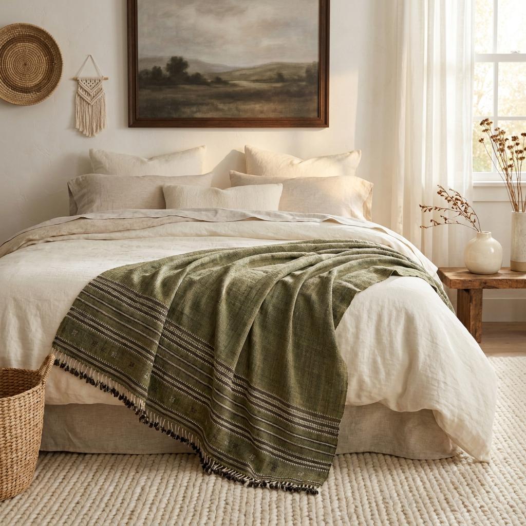 Garnet olive green striped handwoven Indian wool throw blanket – view 7