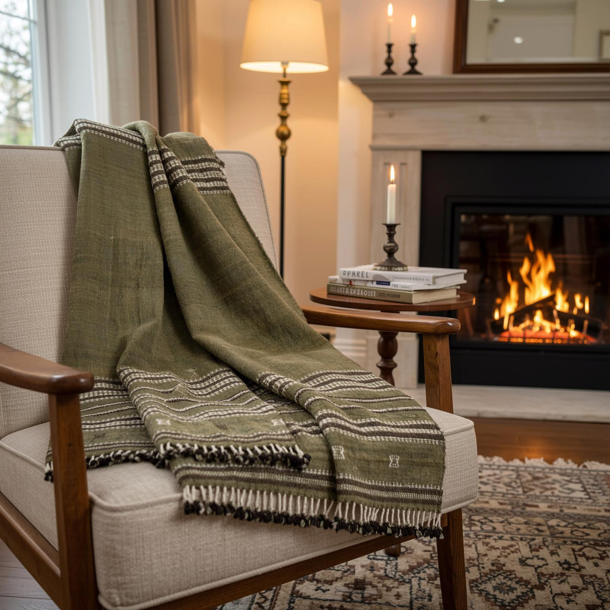 Garnet olive green striped handwoven Indian wool throw blanket – view 8