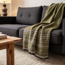 Garnet olive green striped handwoven Indian wool throw blanket – view 6