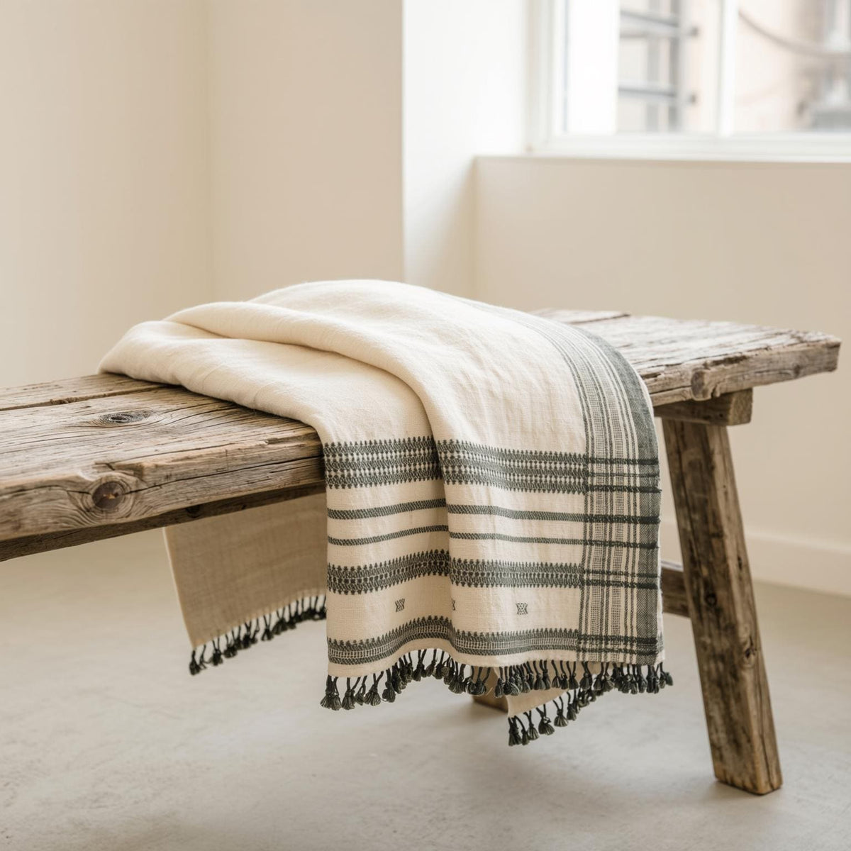 Solitaire white handwoven Indian wool throw blanket