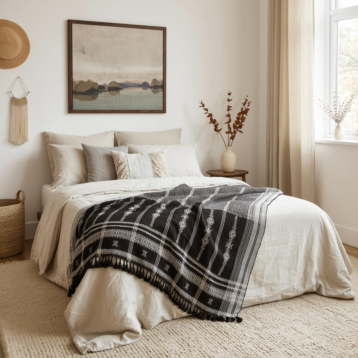 Citrine black and white handwoven Indian wool throw blanket – view 7