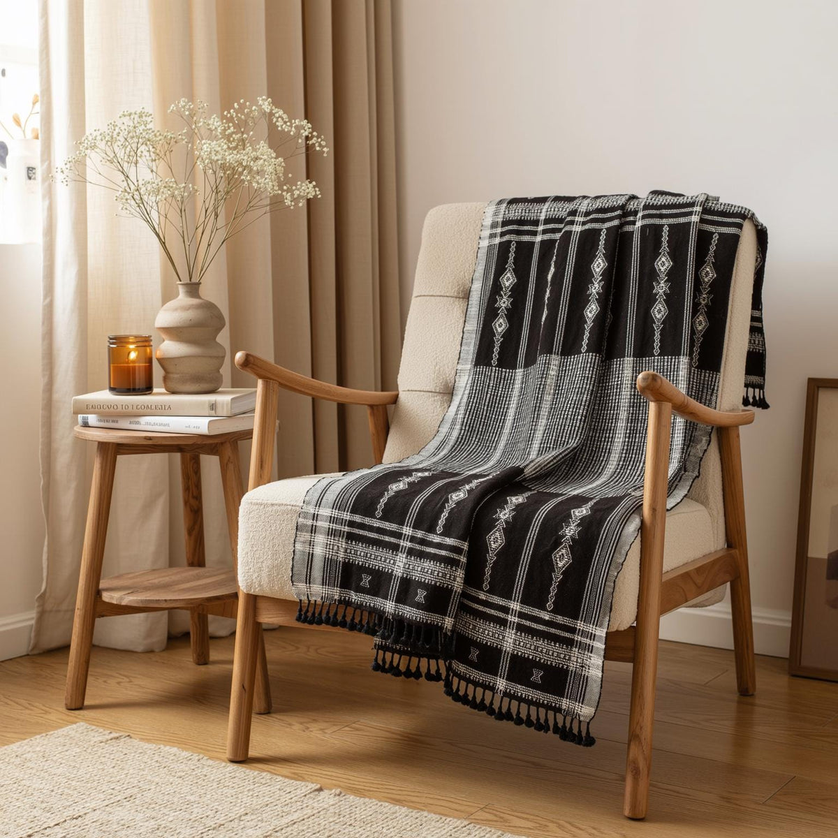 Citrine black and white handwoven Indian wool throw blanket – view 2