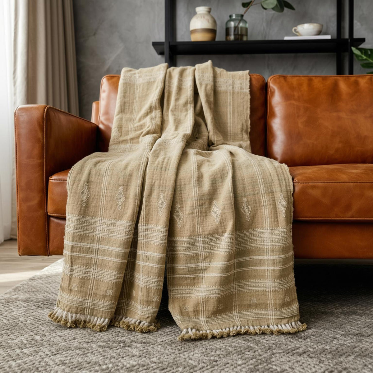Jasper tan beige handwoven Indian wool throw blanket – view 7