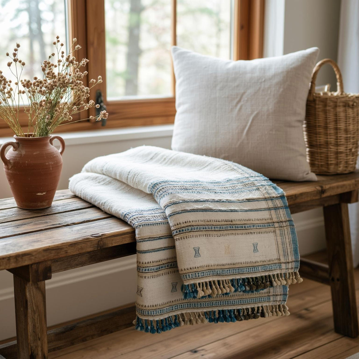 Daisy ivory handwoven Indian wool throw blanket