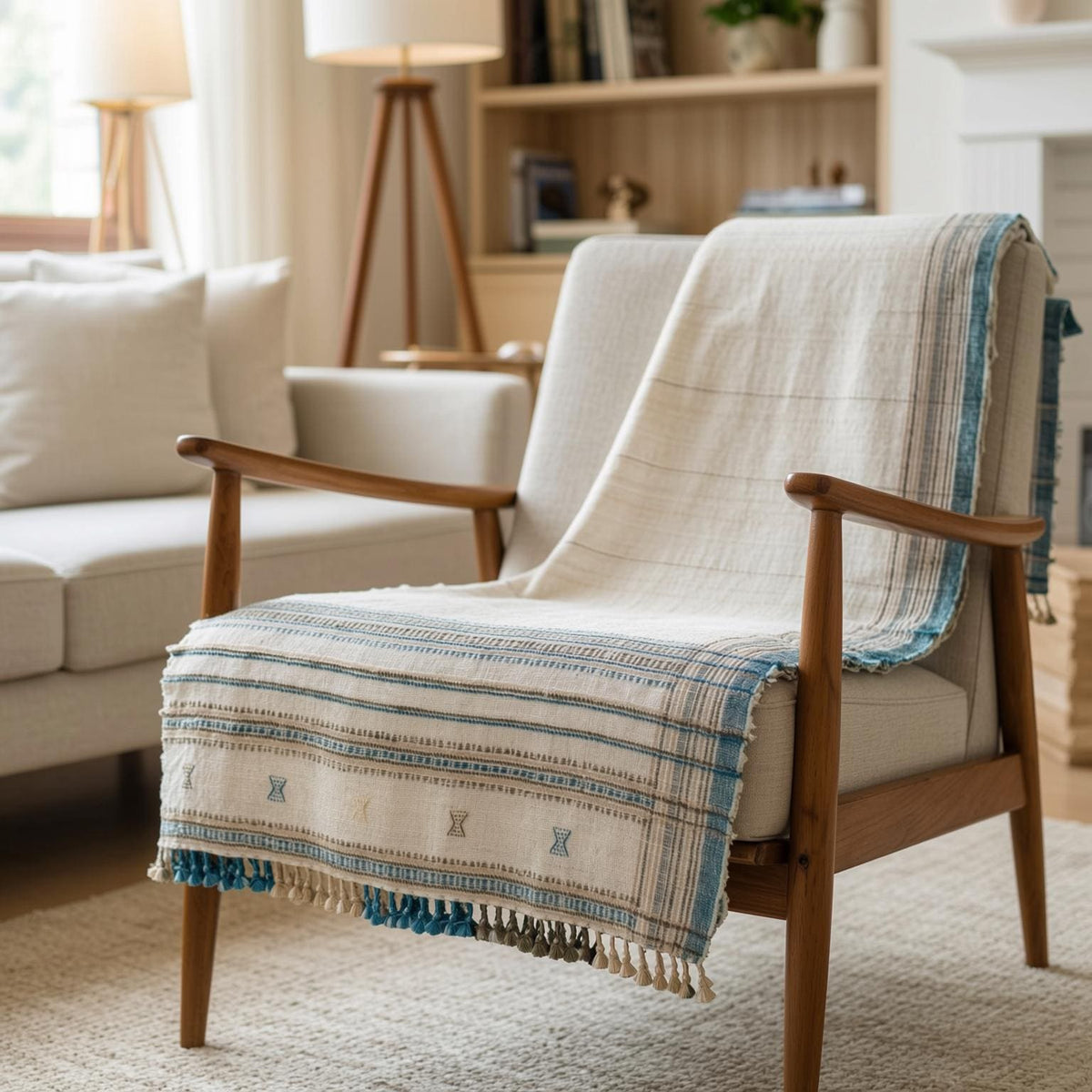 Daisy ivory handwoven Indian wool throw blanket – view 12