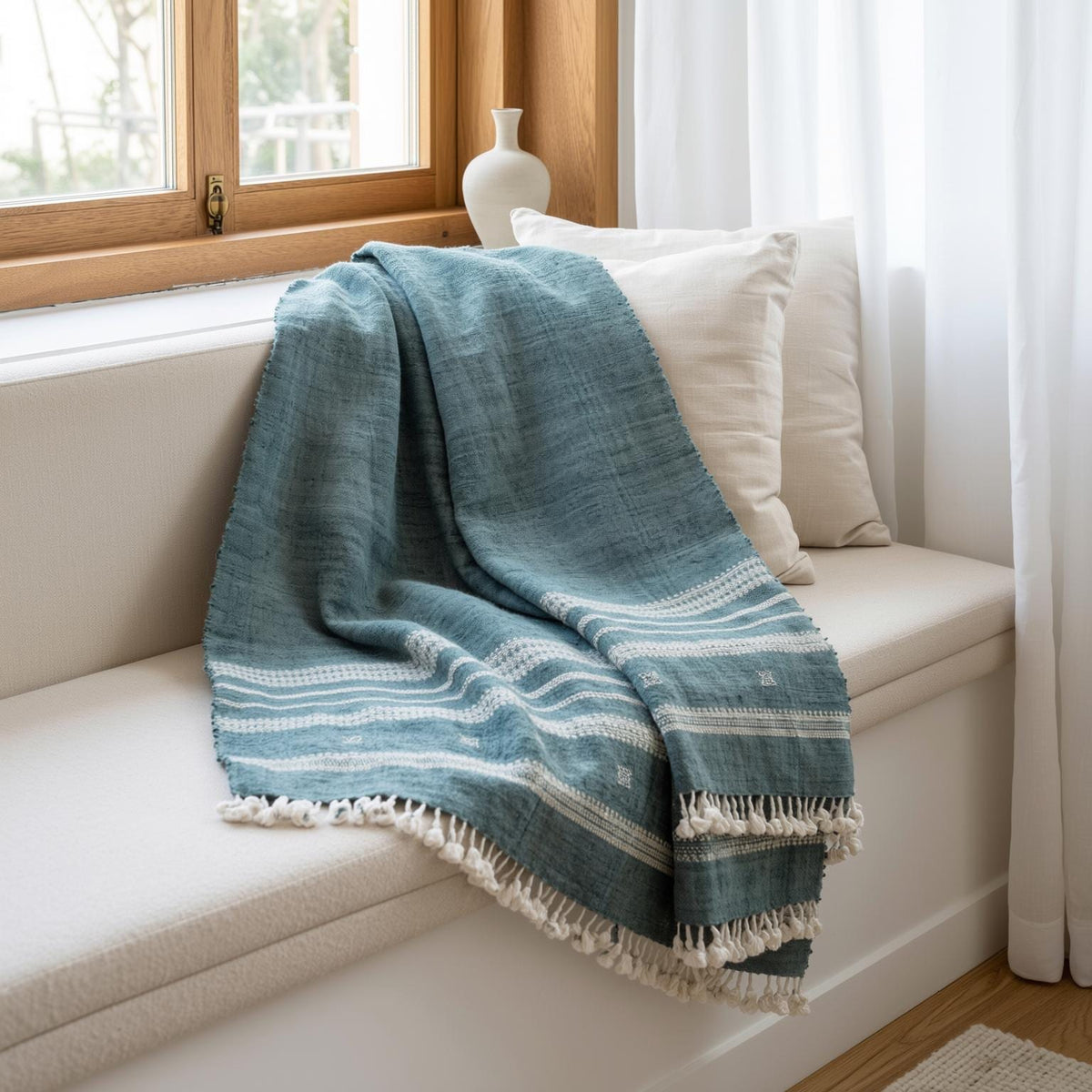 Neelam vibrant teal handwoven Indian wool throw blanket – view 3