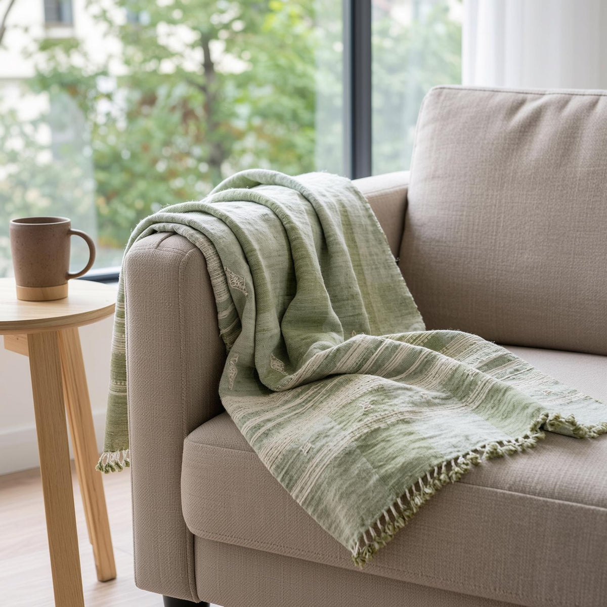 Willow sage green handwoven Indian wool throw blanket – view 11