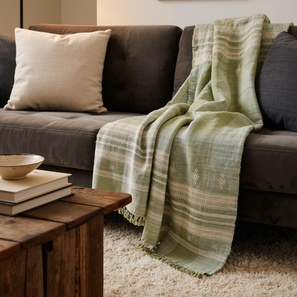 Willow sage green handwoven Indian wool throw blanket – view 10