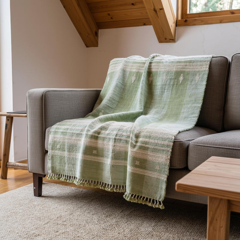 Willow sage green handwoven Indian wool throw blanket